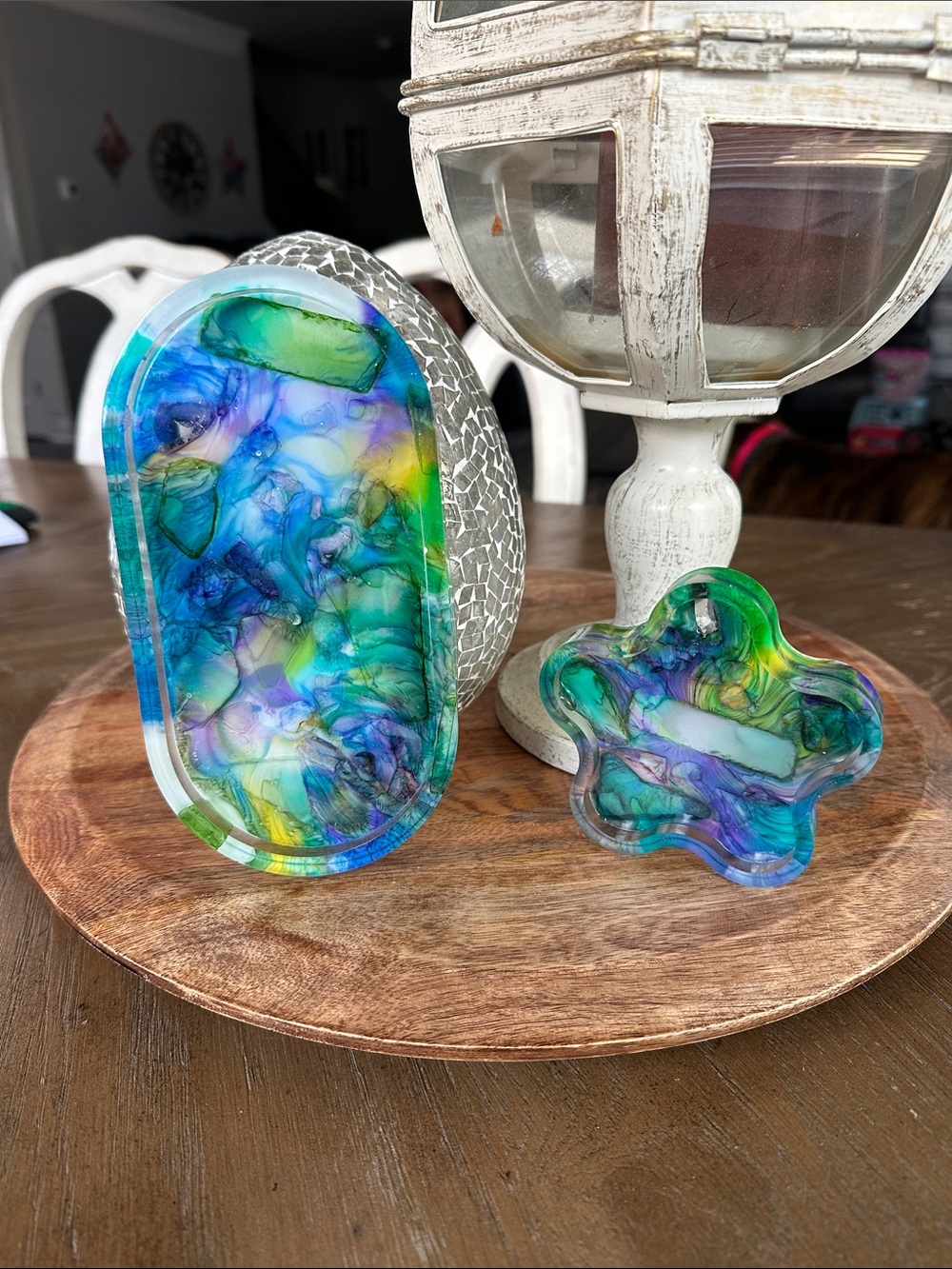 Handmade Abstract Resin trinket dishes- Green Blue Purple (2)